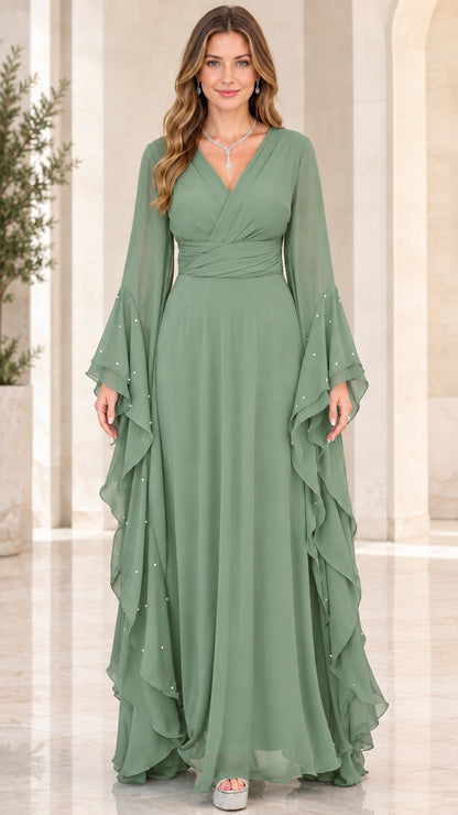 Front view of woman wearing Sage Green V-neck chiffon maxi evening dress with bell sleeves