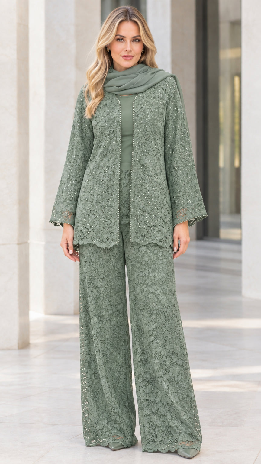 Full-body view of sage green sequined lace pant suit set with matching scarf