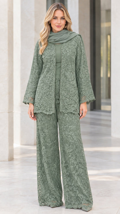 Full-body view of sage green sequined lace pant suit set with matching scarf