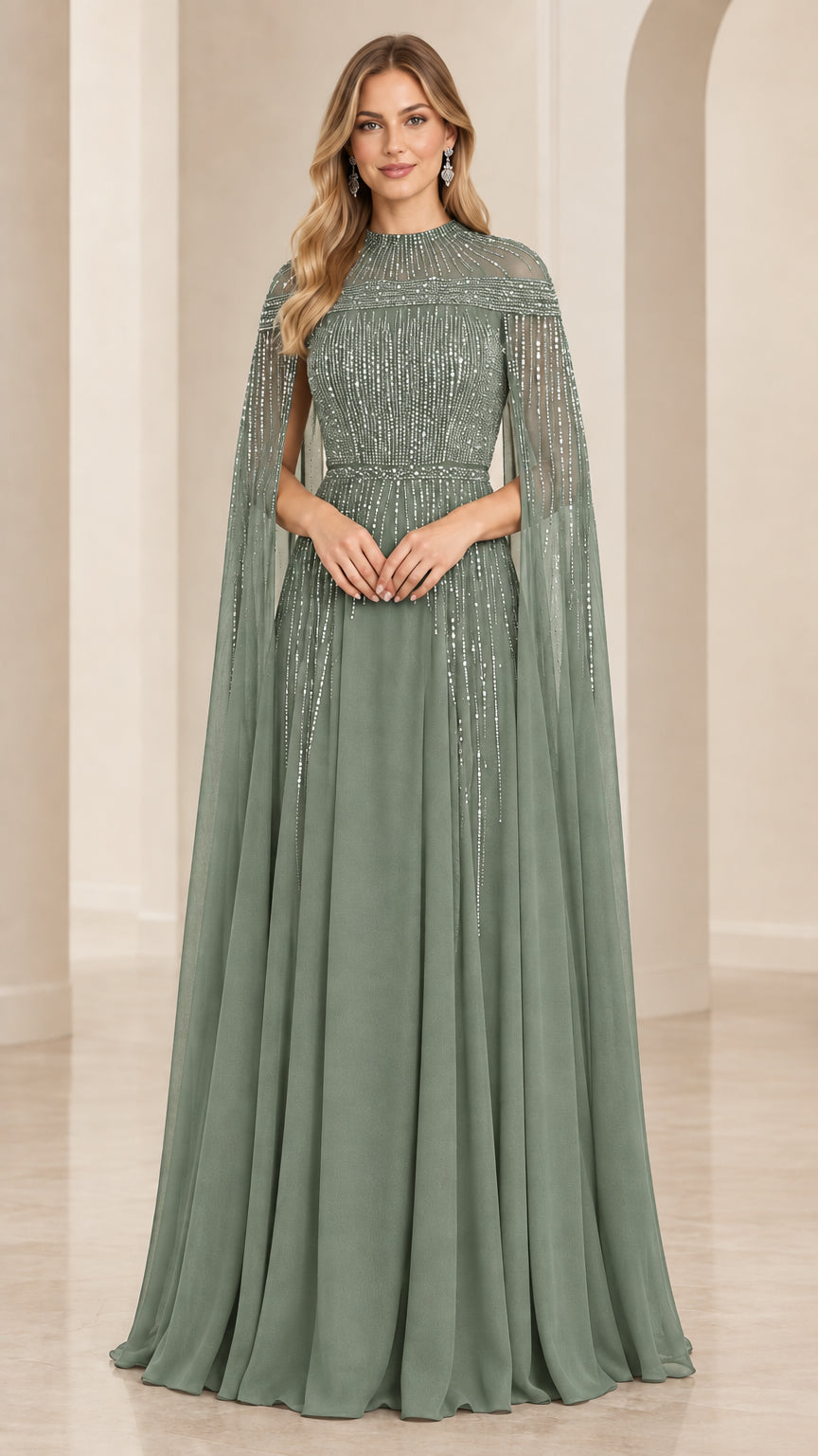 Sage green beaded cape sleeve formal gown