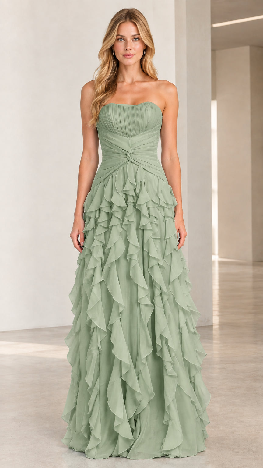 Full-length front view of sage green strapless tiered ruffle maxi dress