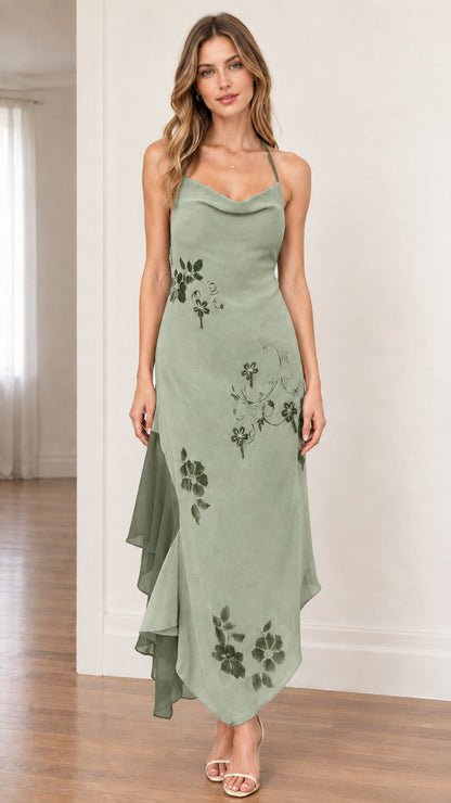 Model wearing sage green halter cowl neck asymmetrical dress with floral embroidery