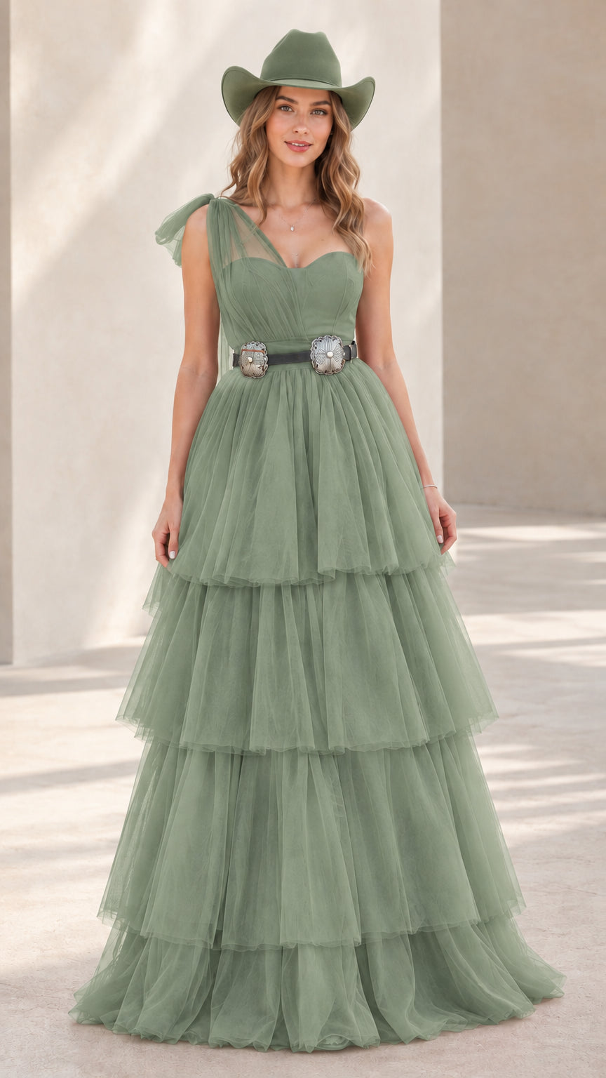 Model wearing sage green one-shoulder tiered tulle maxi gown