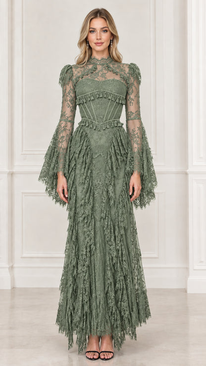 Sage green high neck lace evening gown with corset bodice and bell sleeves