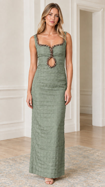Sage green textured column maxi gown with embellished keyhole detail