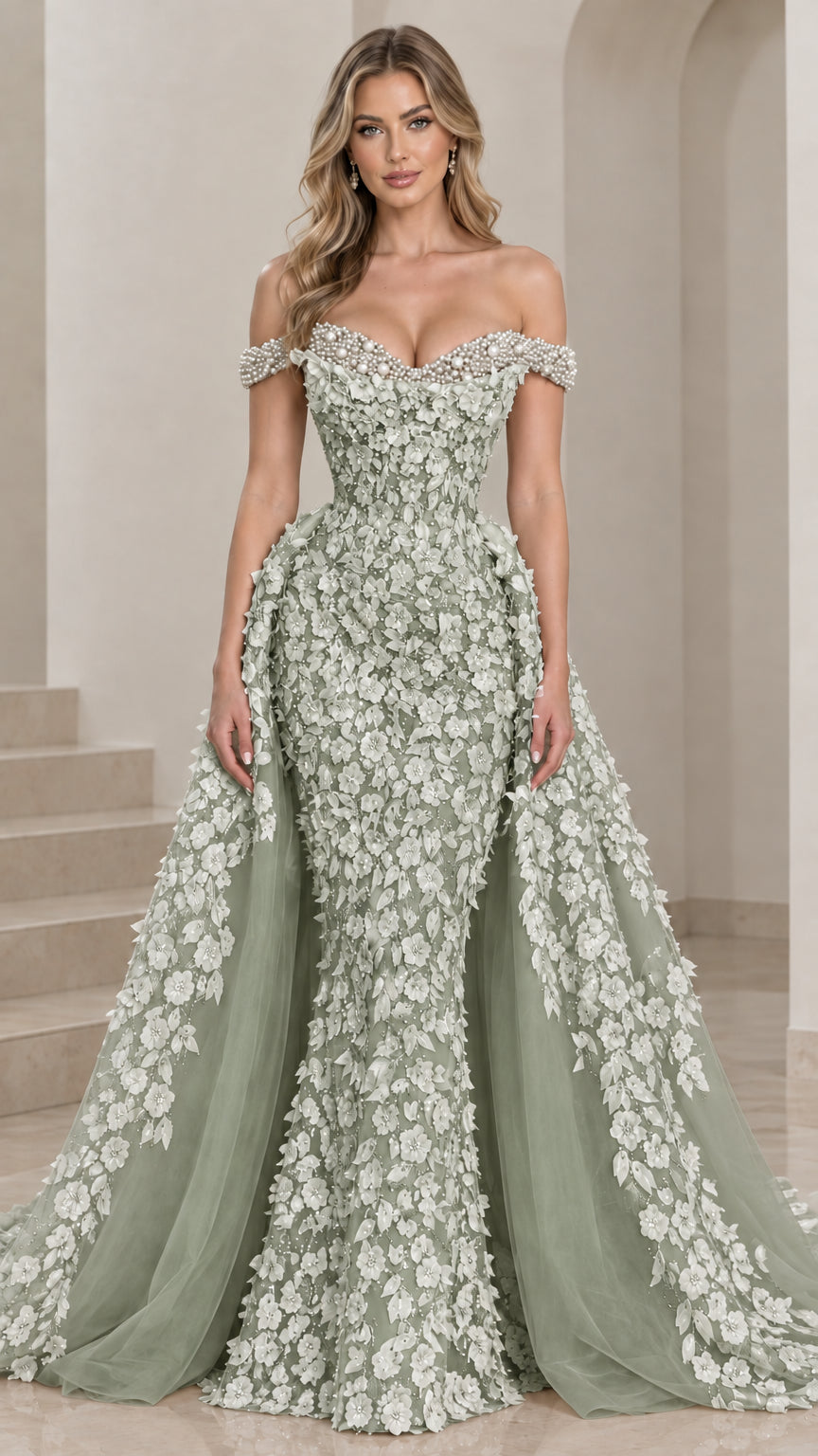 Sage green off-the-shoulder 3D floral applique mermaid evening dress