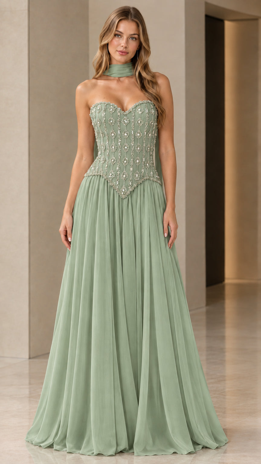 Front view of sage green beaded sweetheart chiffon maxi dress