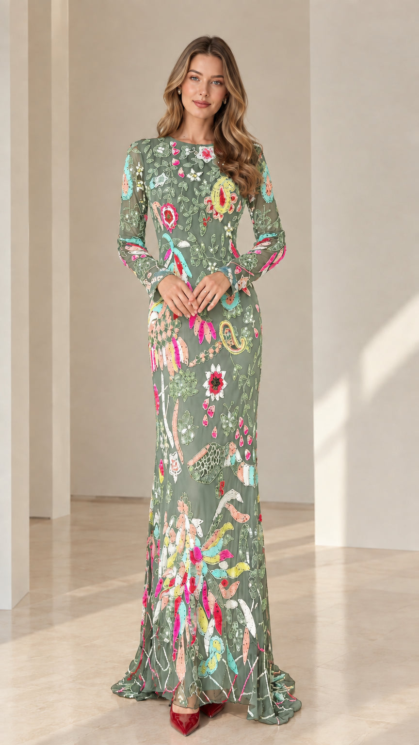 Sage green floral sequin embroidered maxi dress with long sleeves