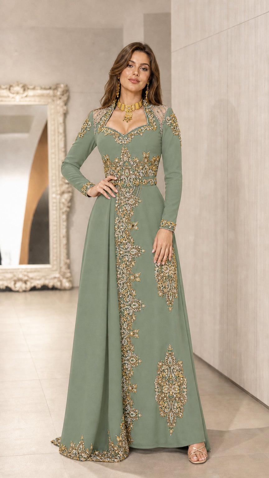 Sage green embroidered long sleeve kaftan evening gown