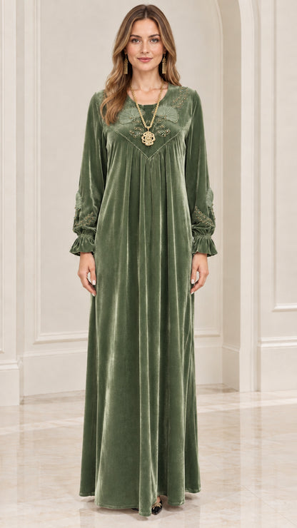Front view of sage green velvet embroidered long kaftan dress