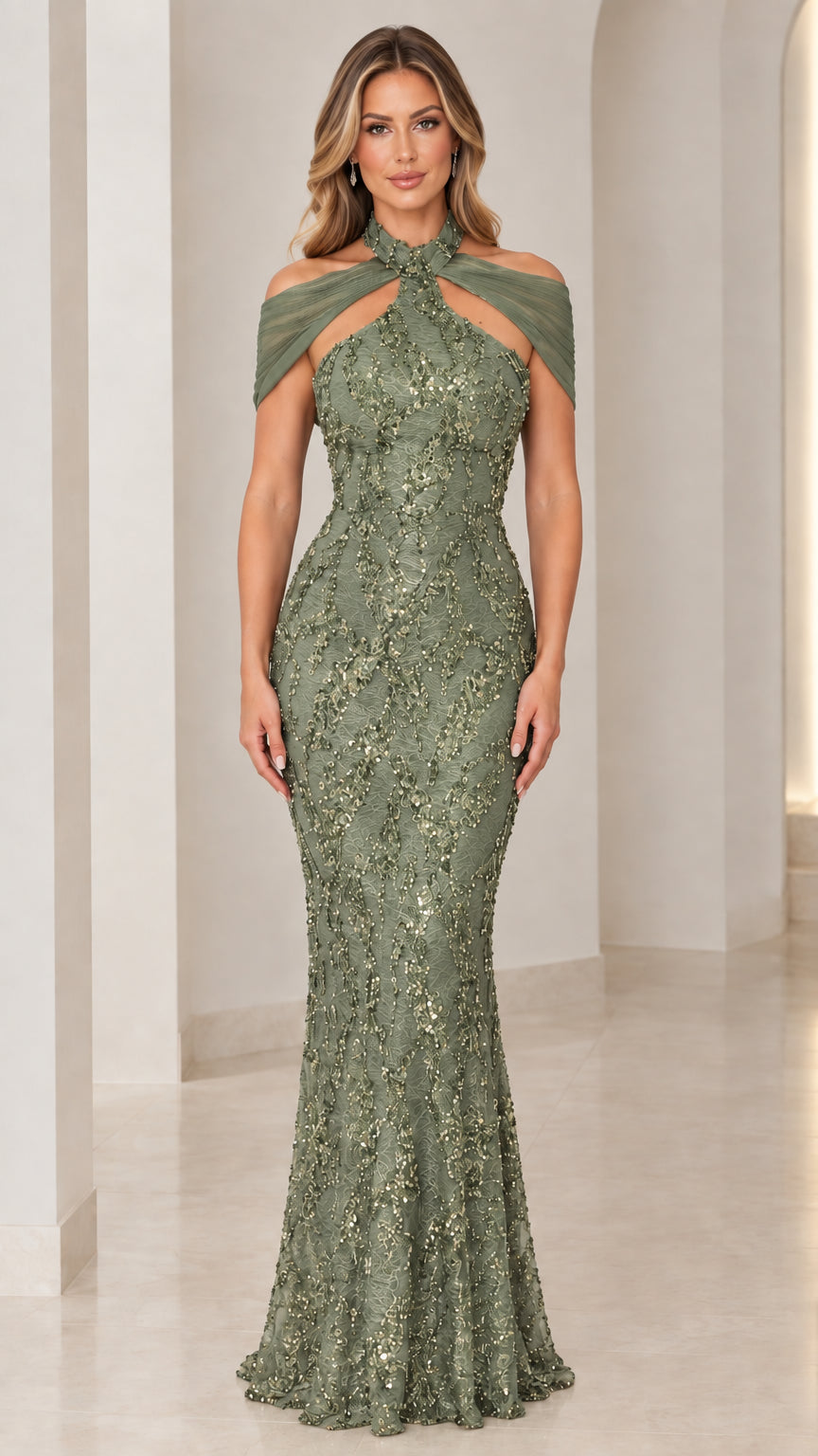 Sage Green halter neck sequin mermaid gown with draped shoulder sleeves