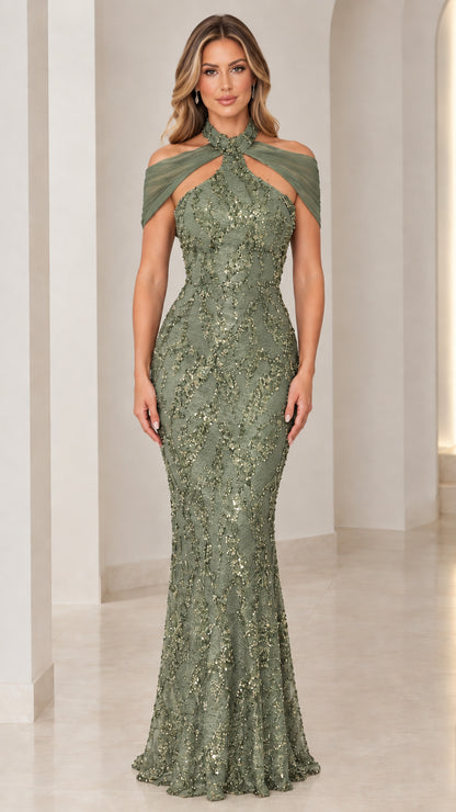 Sage Green halter neck sequin mermaid gown with draped shoulder sleeves
