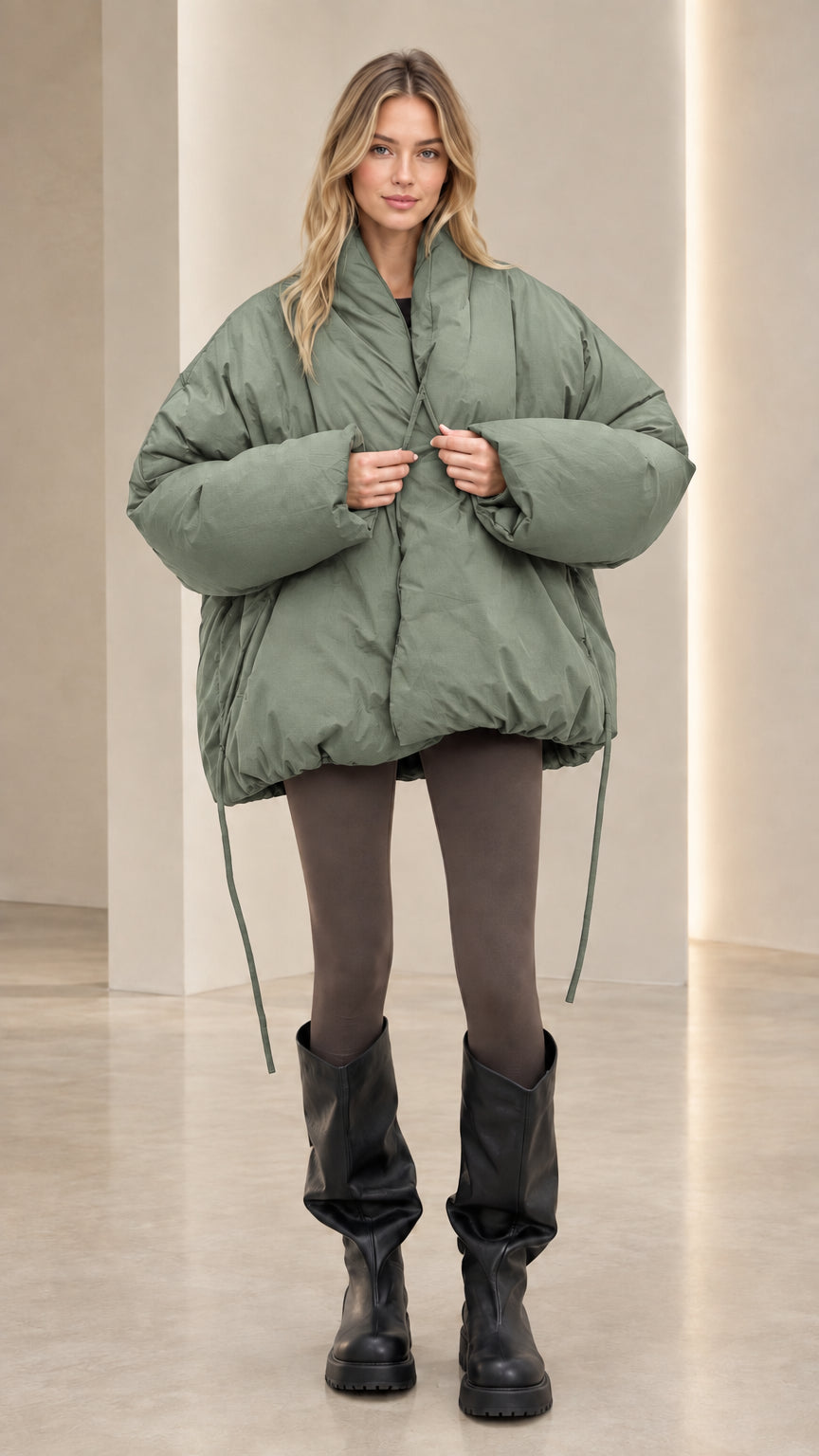 Front view of model wearing sage green relaxed bubble hem winter coat
