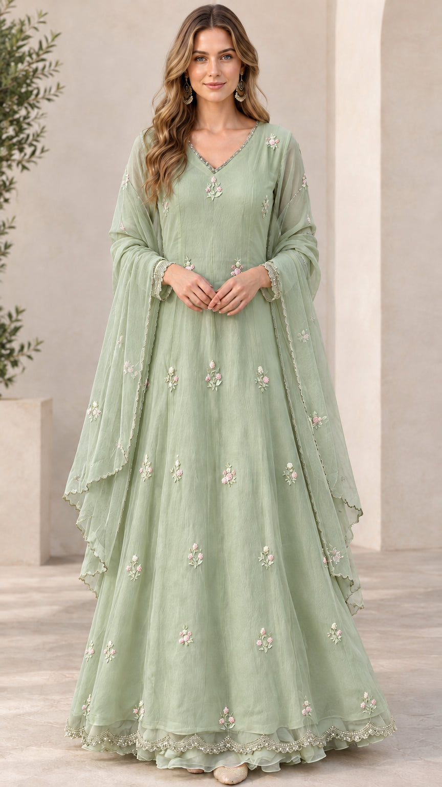 Front view of model wearing sage green embroidered festive maxi gown