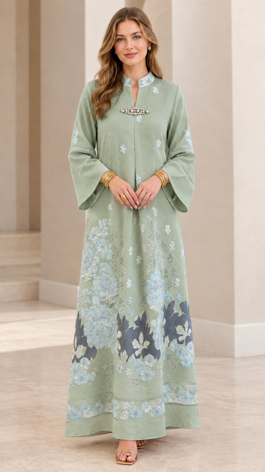 Sage Green embroidered long kaftan dress with split neckline and brooch