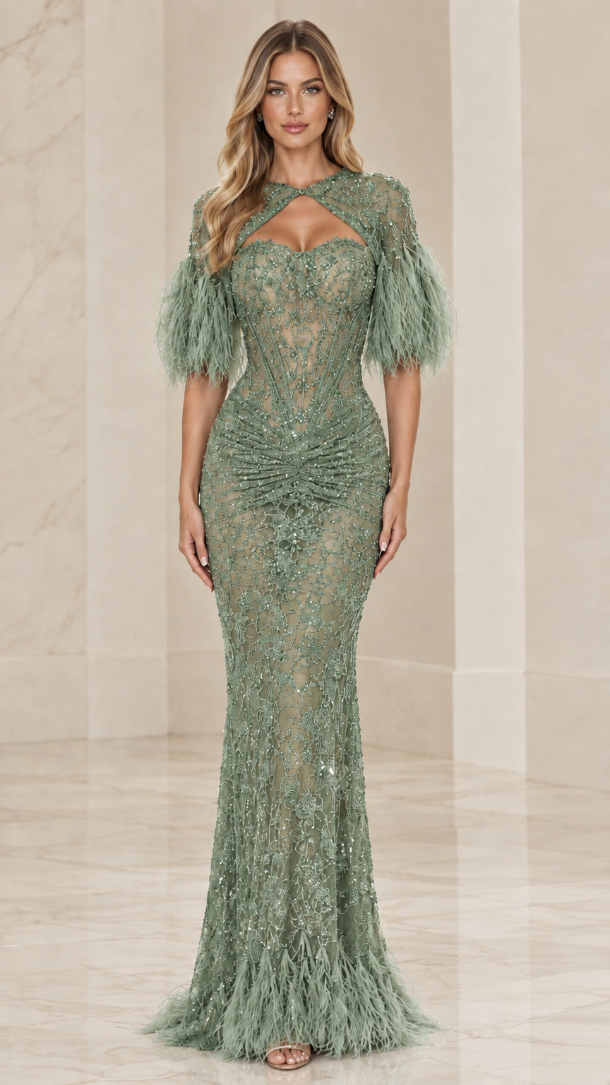 Front view of sage green beaded lace formal gown with keyhole neckline and feather trim