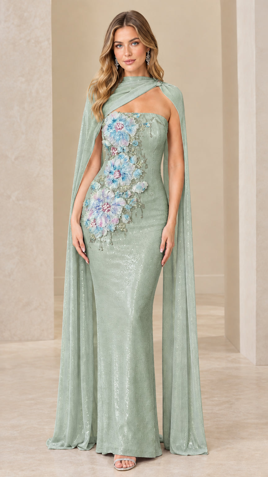 Sage green cape evening gown with floral appliqué detailing