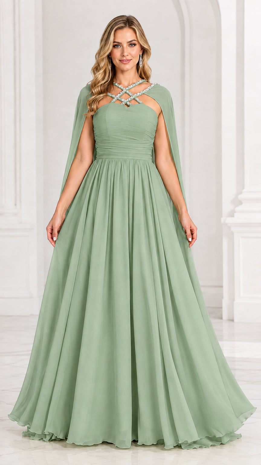 Sage green cape sleeve chiffon evening maxi dress with beaded neckline
