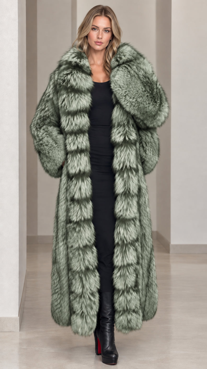 Full-length sage green tipped faux fur maxi coat