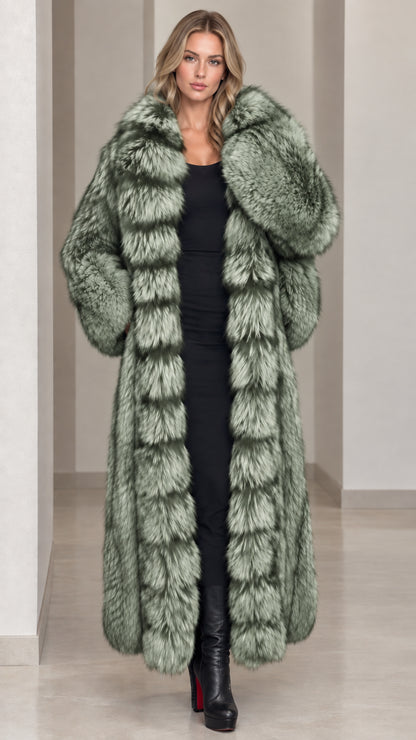 Full-length sage green tipped faux fur maxi coat
