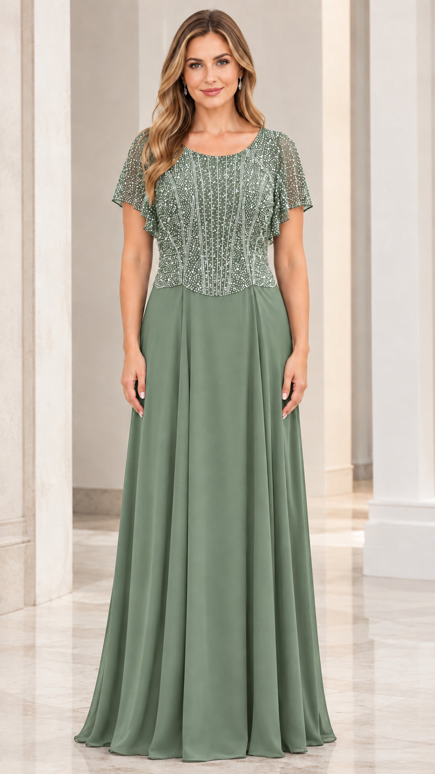 Front view of sage green beaded bodice flutter sleeve evening gown