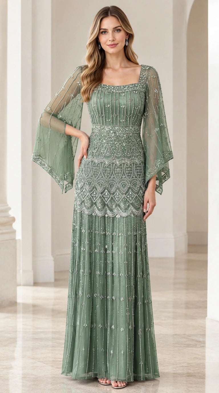 Sage Green embellished evening gown with flutter sleeves