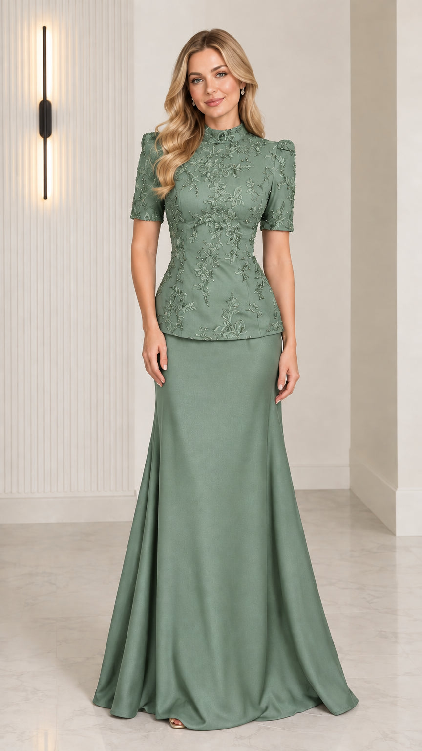 Front view of model wearing Sage Green beaded peplum evening gown