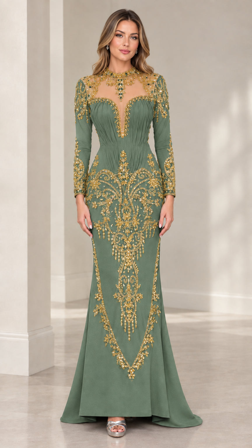 Sage green floor-length evening dress with gold baroque embroidery and long sleeves