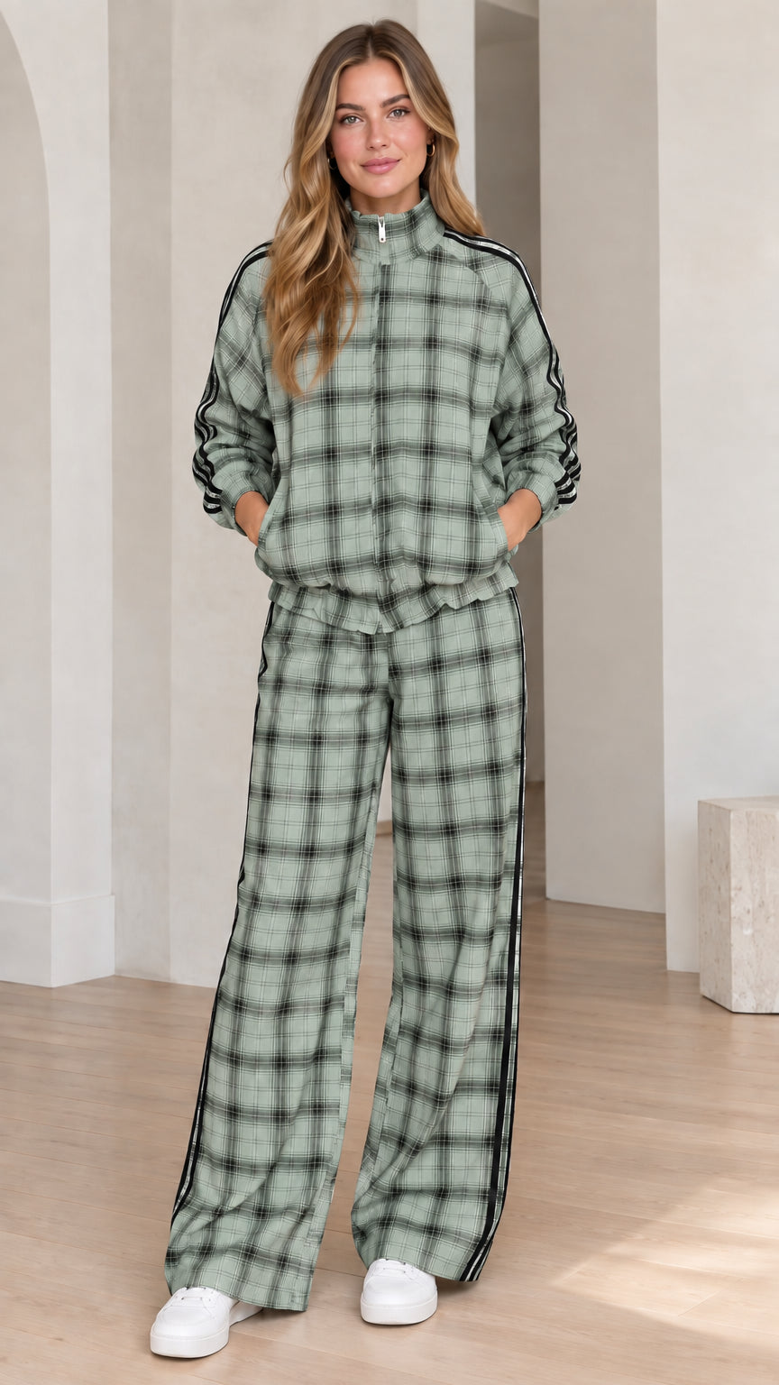 Women's sage green plaid matching tracksuit set front view