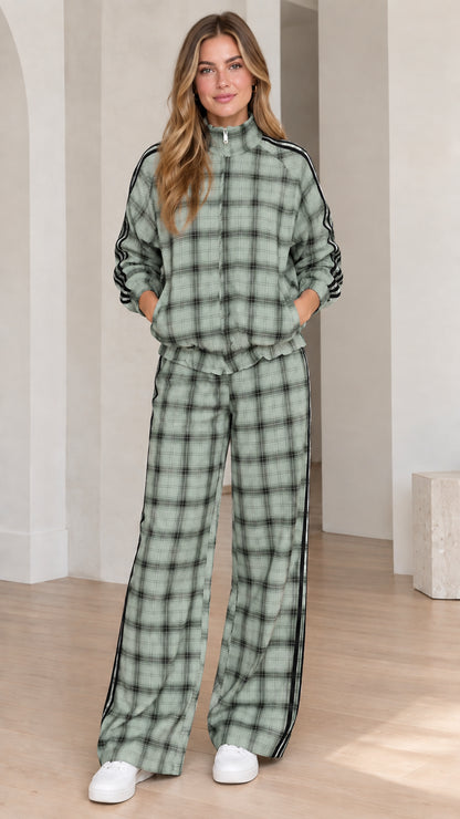 Women's sage green plaid matching tracksuit set front view