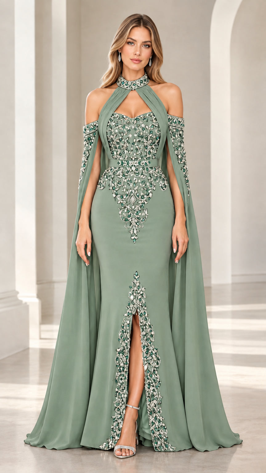 Sage green halter neck formal gown with beading and flowing cape