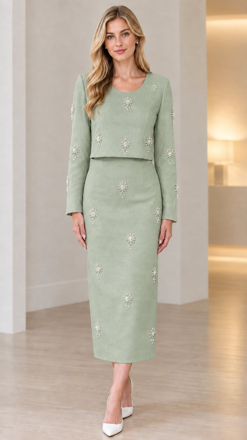 Front full view of sage green embellished two-piece long sleeve midi dress set