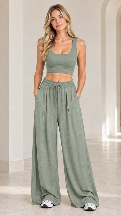 Front view of woman wearing Sage Green 2-piece crop tank and wide-leg lounge set