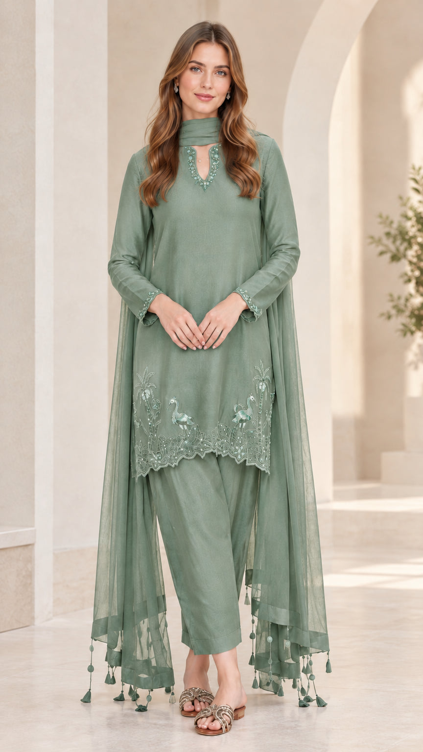 Sage green embroidered 3-piece tunic and straight pant set with matching scarf