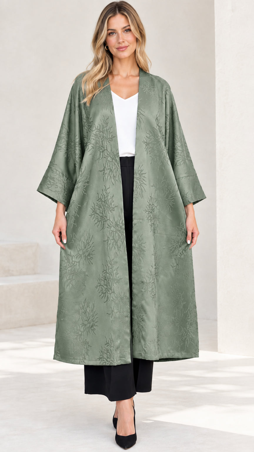 Sage green open front longline jacquard kimono coat on model