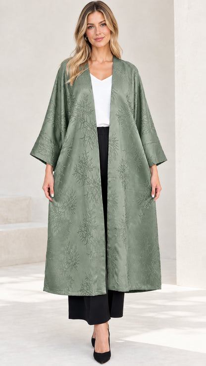 Sage green open front longline jacquard kimono coat on model