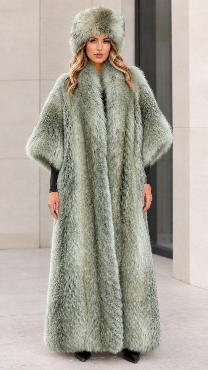 Model in elegant sage green full-length plush faux fur coat set
