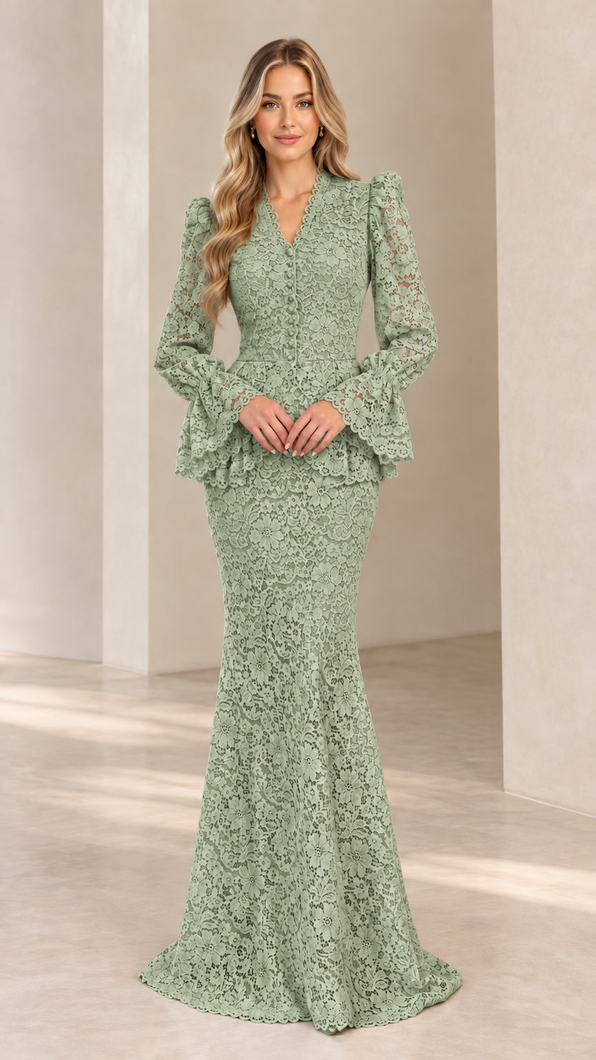 Full-length front view of sage green floral lace peplum evening gown