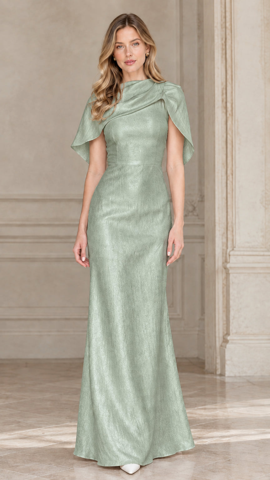 Sage green draped cowl capelet floor-length evening dress