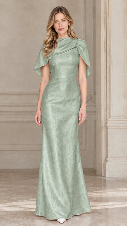 Sage green draped cowl capelet floor-length evening dress