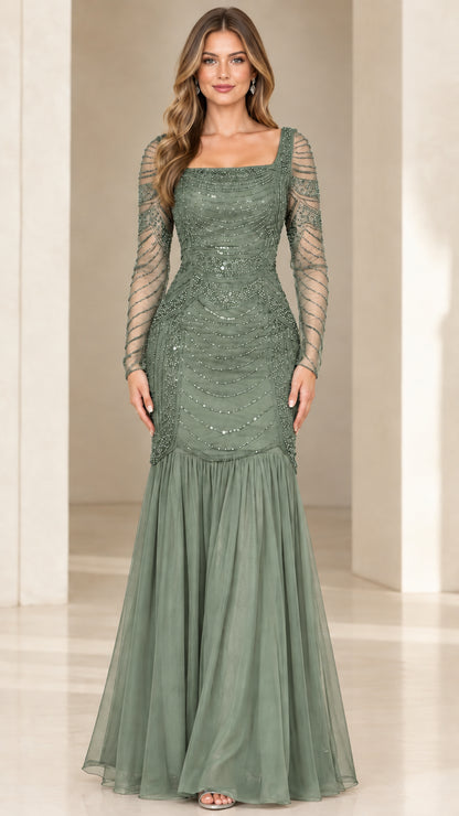Front view of sage green embellished square neck long sleeve mermaid maxi dress