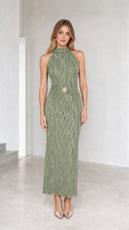 Sage green high neck textured sleeveless maxi dress on model