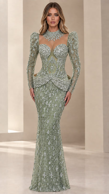 Sage green embellished mock neck mermaid evening gown with flared hem