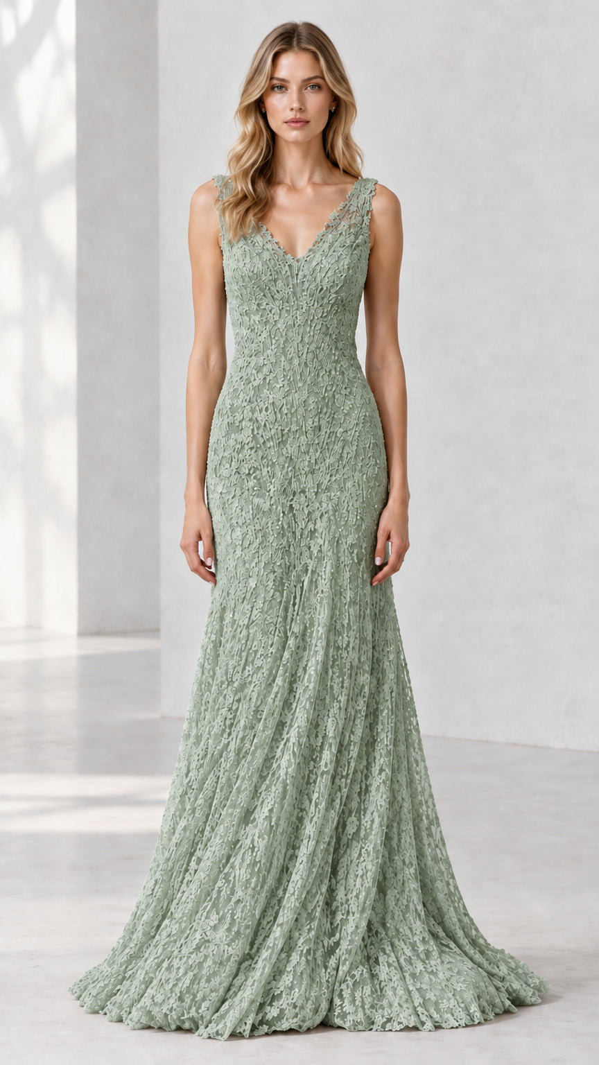 Full-length front view of sage green textured lace evening dress