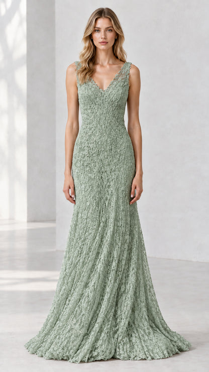 Full-length front view of sage green textured lace evening dress