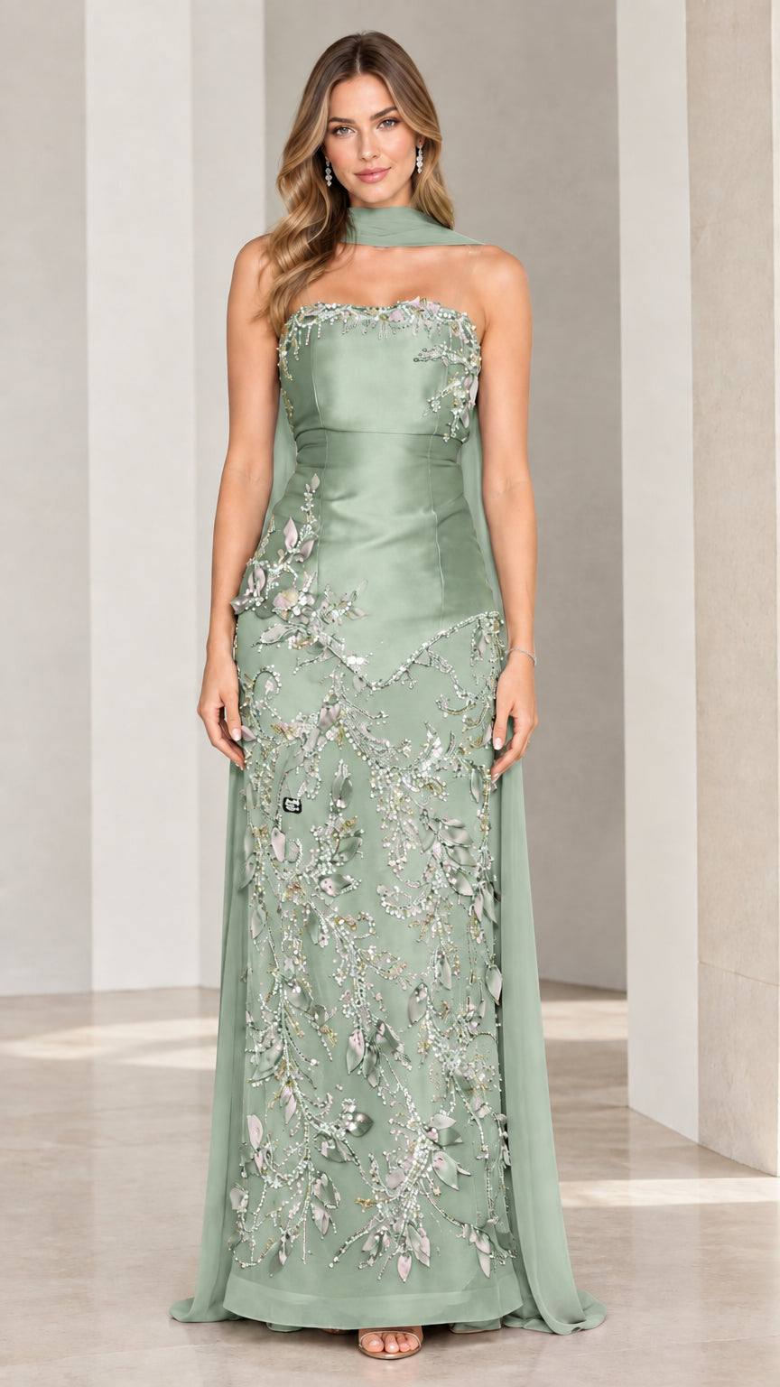 Sage green strapless column formal dress with beaded botanical embroidery