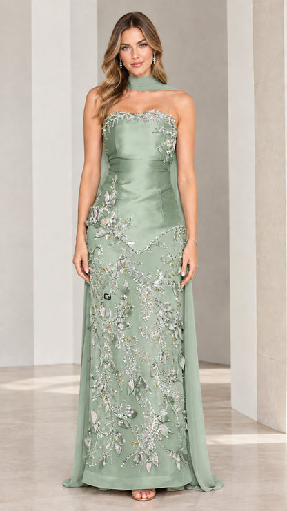 Sage green strapless column formal dress with beaded botanical embroidery