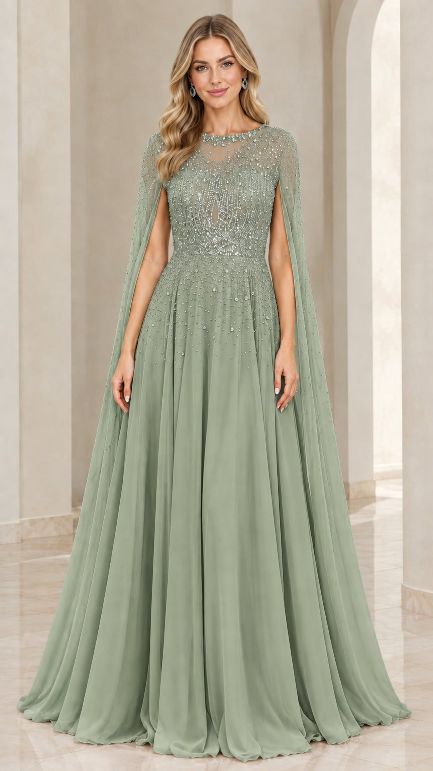 Full front view of Sage Green beaded cape formal maxi dress