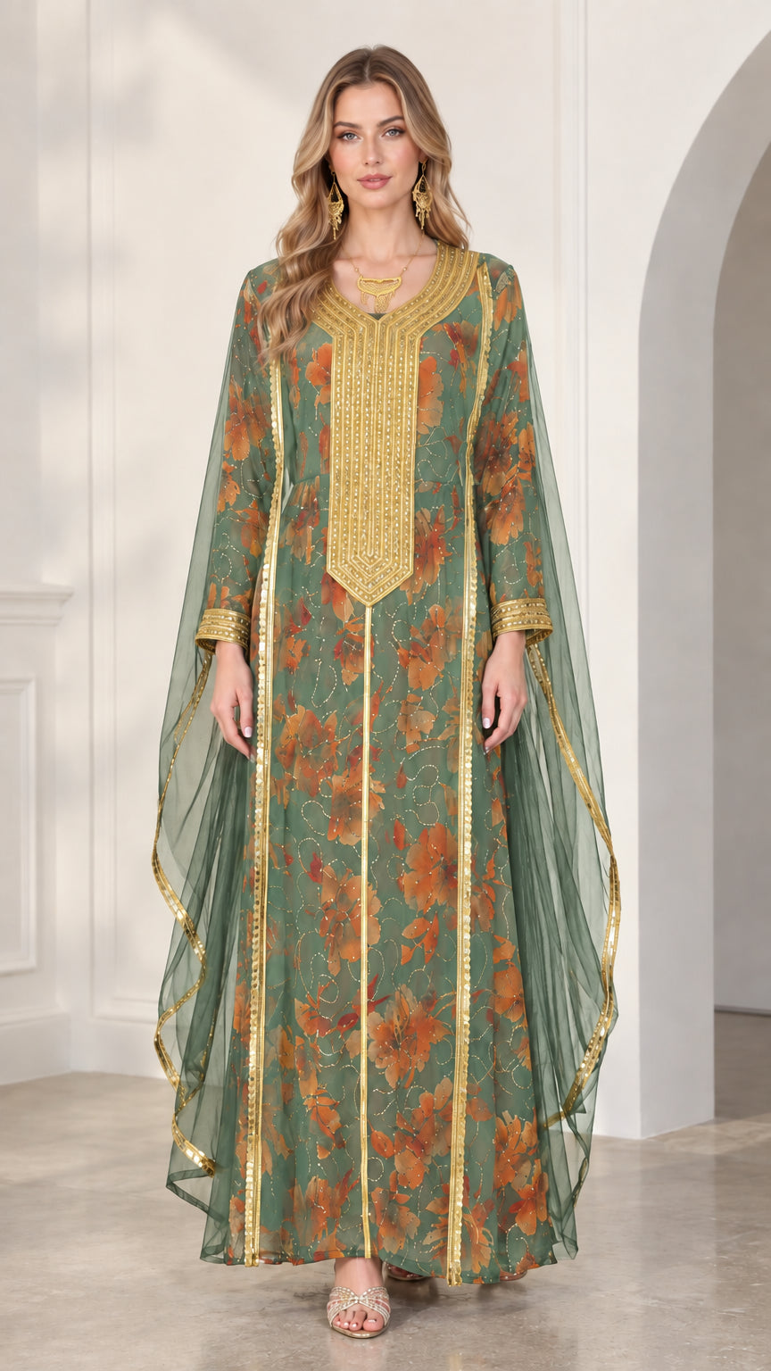 Model wearing sage green floral kaftan dress with gold embroidery and matching sheer cape overlay