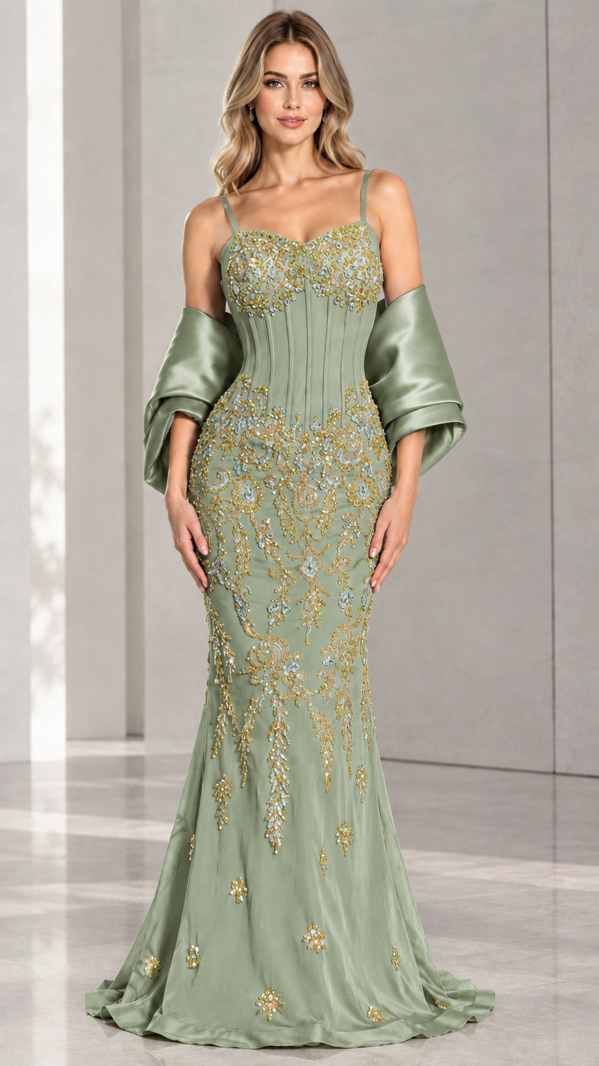 Front view of Sage Green beaded corset mermaid evening gown with green shawl